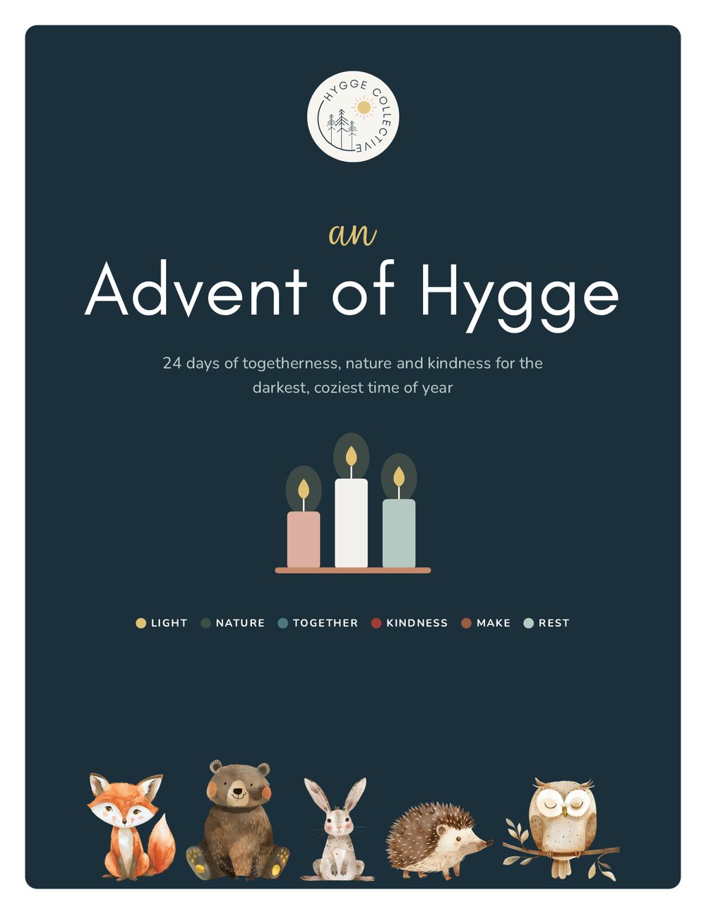 Cover of the Advent of Hygge printable: three candles and a row of woodland animals on a deep navy background