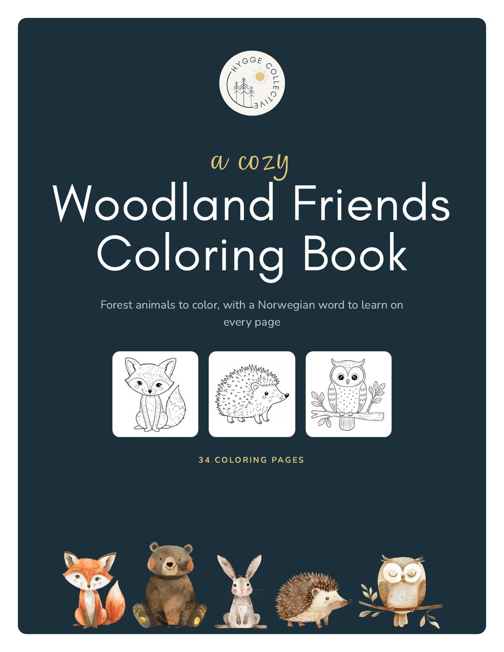 Cover of the Woodland Friends Coloring Book: watercolor woodland animals on navy