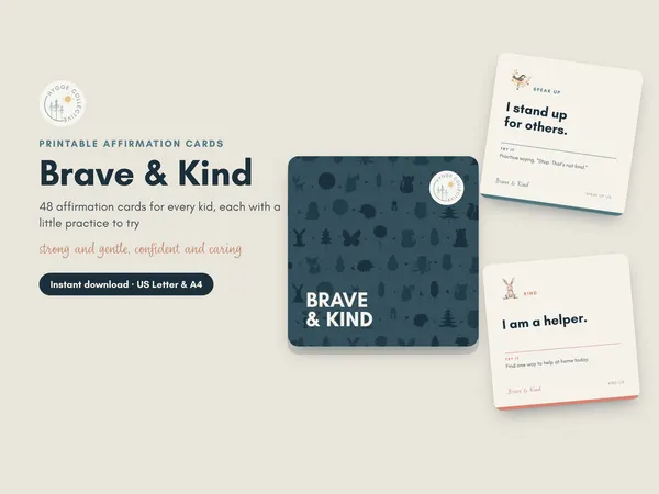 Brave and Kind affirmation cards spread on a table