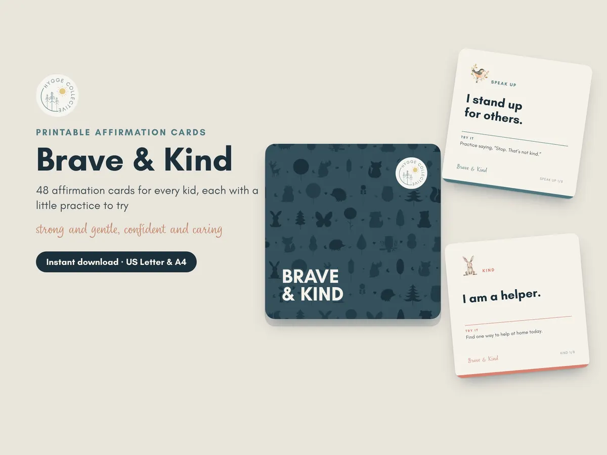 Brave & Kind printable affirmation cards: the deck and two cards