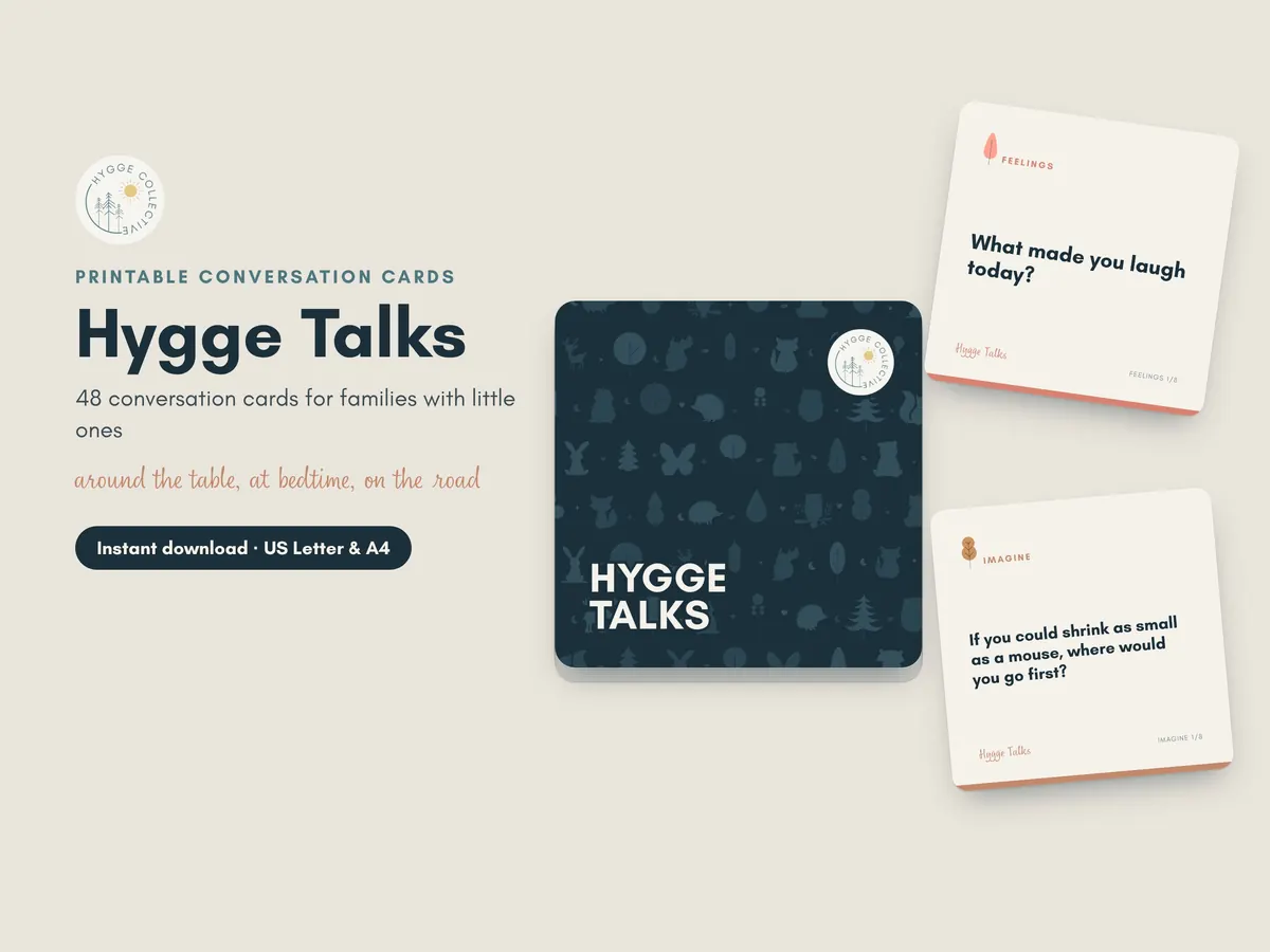 Hygge Talks printable conversation cards: the deck and two question cards