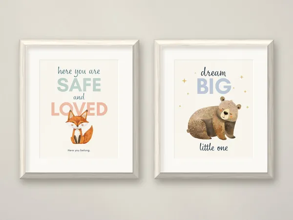 The Here You Are Safe and Loved and Dream Big Little One prints in white-wash frames