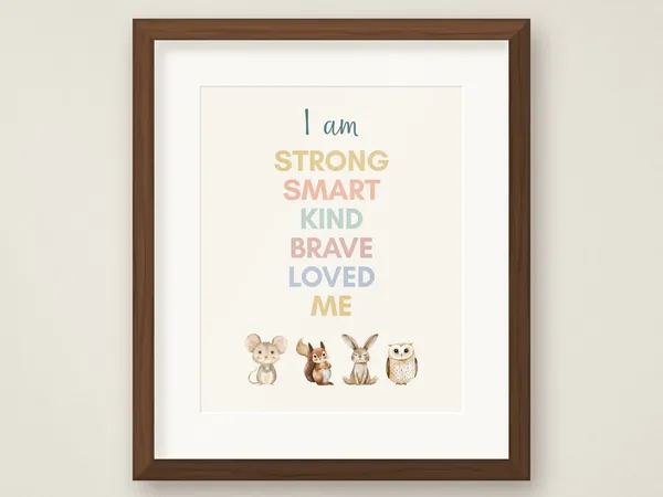 The I Am affirmation poster in a walnut frame