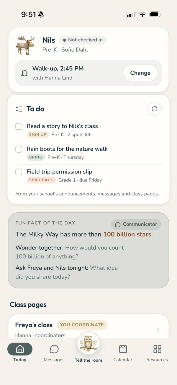 The family Today screen: Nils is not checked in yet, walk-up at 2:45 PM with Hanna Lind, and a to-do list with a story sign-up, rain boots to bring and a permission slip to send back