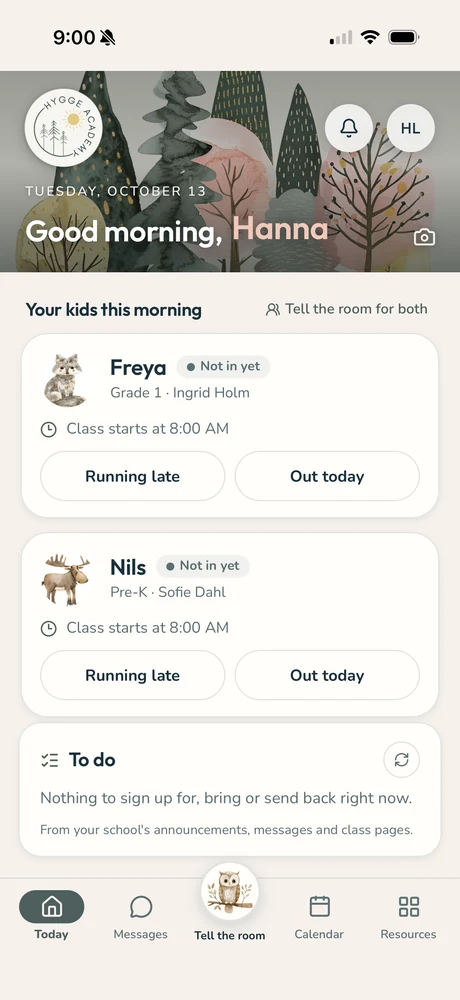 The Lenke family app on a phone: good morning, two children not in yet, with Running late and Out today buttons and a to-do list